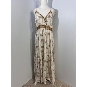 Zury Maxi Dress Sleeveless Beachy Bohemian Goddess Free‎ Size Palm Leaf Print